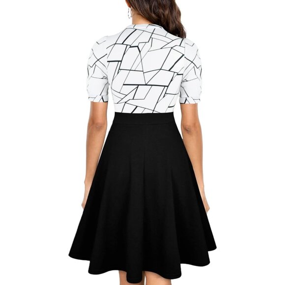 Women White+black Short Puff Sleeve Flare Semi-Formal Summer Dress With Pockets - Picture 2 of 3
